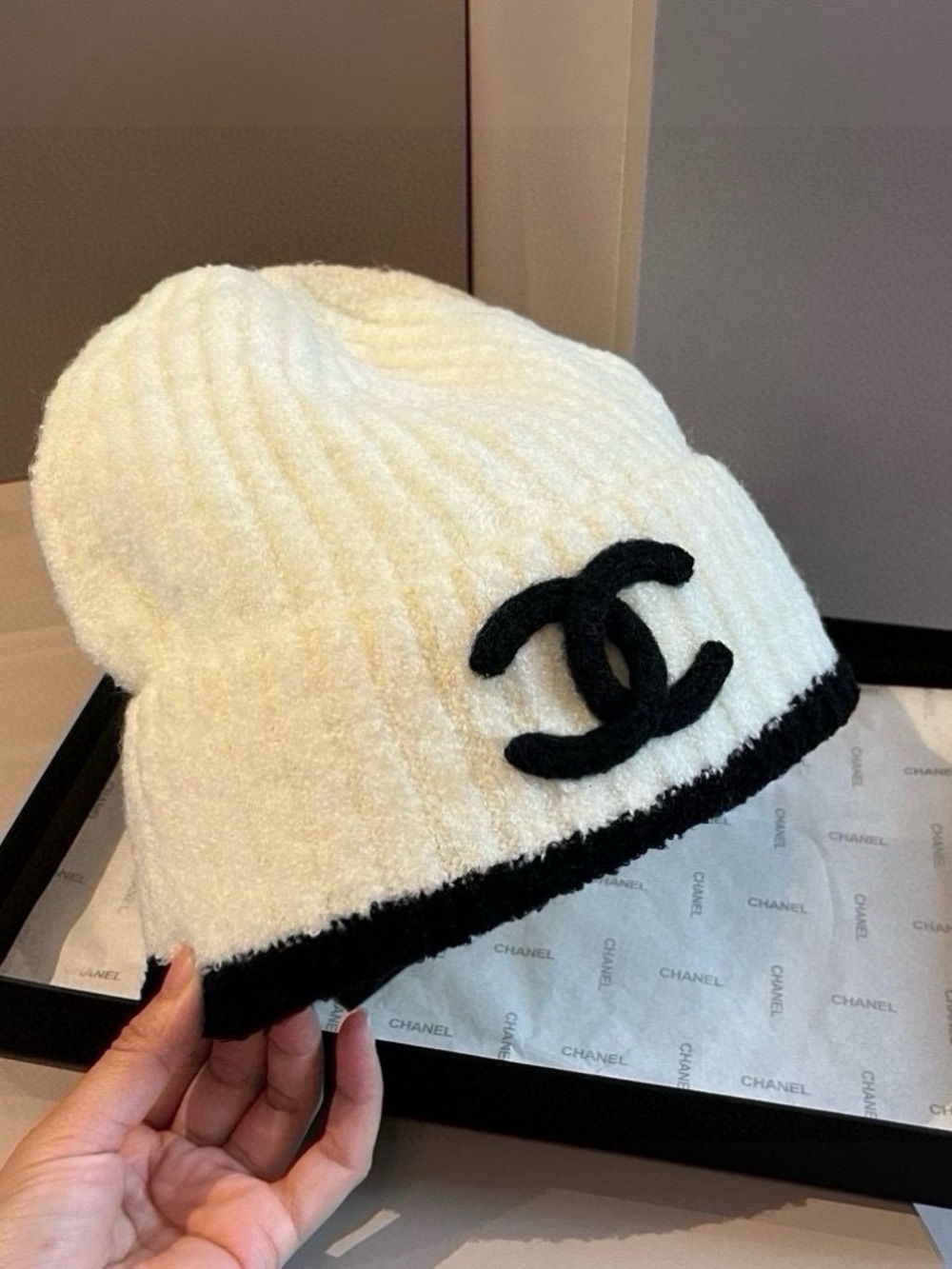 Cream Knit Beanie with Black CC Emblem and Trim